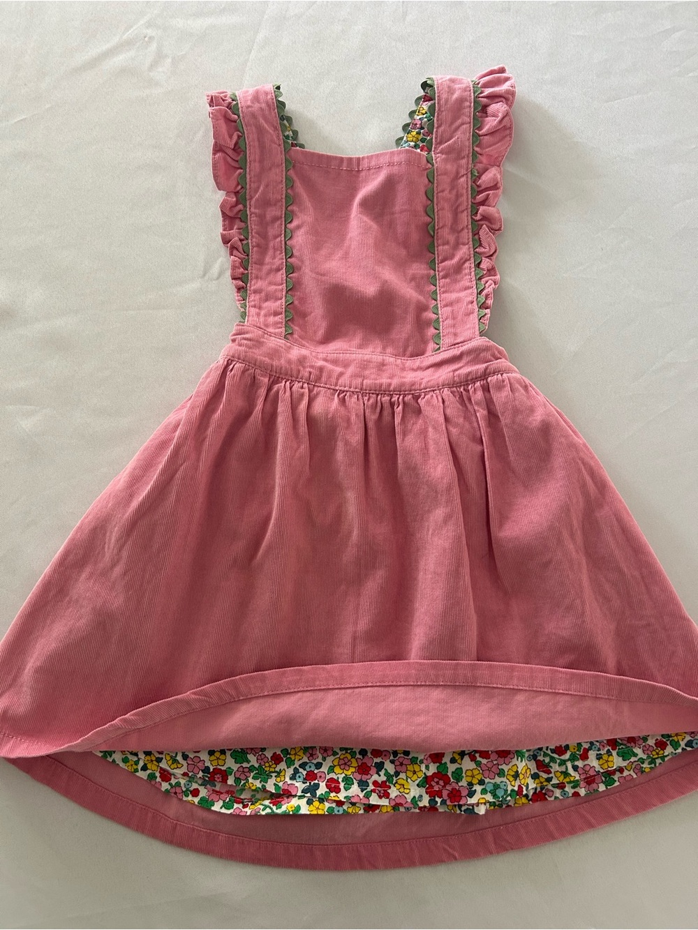 4-5 Mini Boden Pink Corduroy Pinafore Dress with Floral Trim EUC